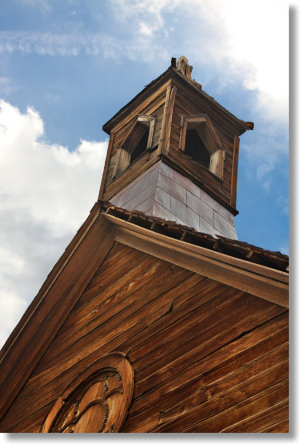 The steeple of the Old Methodist Church in Bodie, California, erected 1882