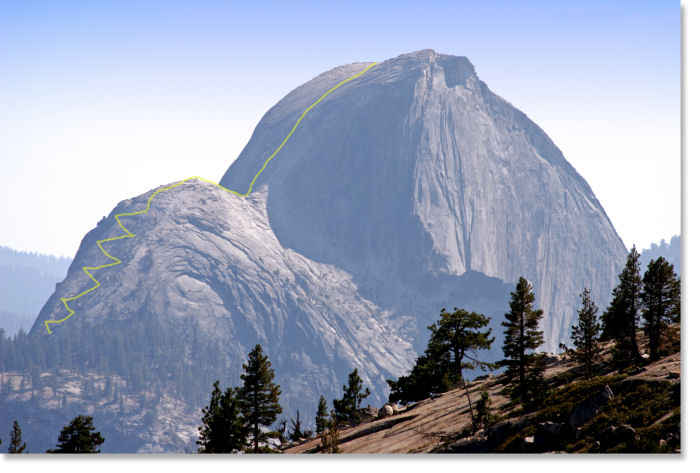 Half Dome as seen from Olmsted Point, with an approximation of the trail to the summit