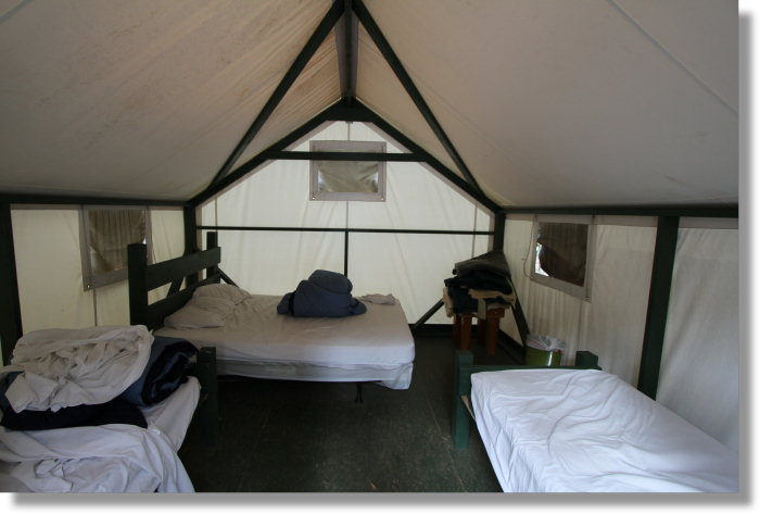 Interior of a tent cabin at the Yosemite Bug Resort in Midpines, California