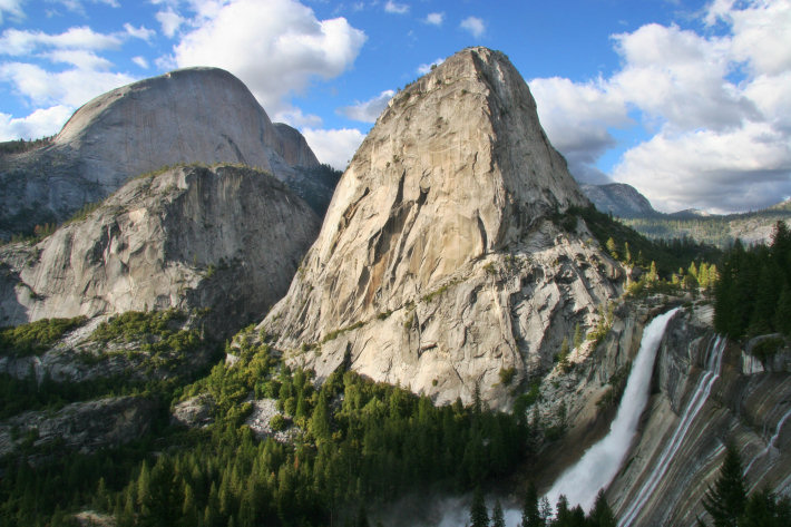 Nevada Fall, Liberty Cap, and the back of Half Dome, as seen from the John Muir trail