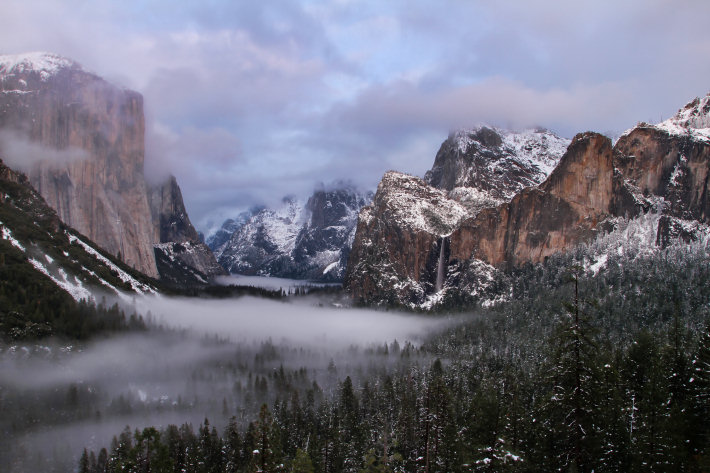 Bridalveil Fall from the Tunnel View during winter twilight