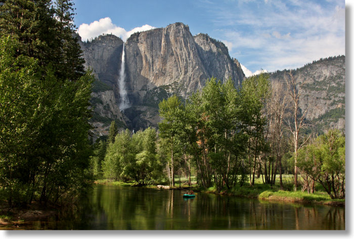 Yosemite Falls and the Merced River from the Swinging Bridge
