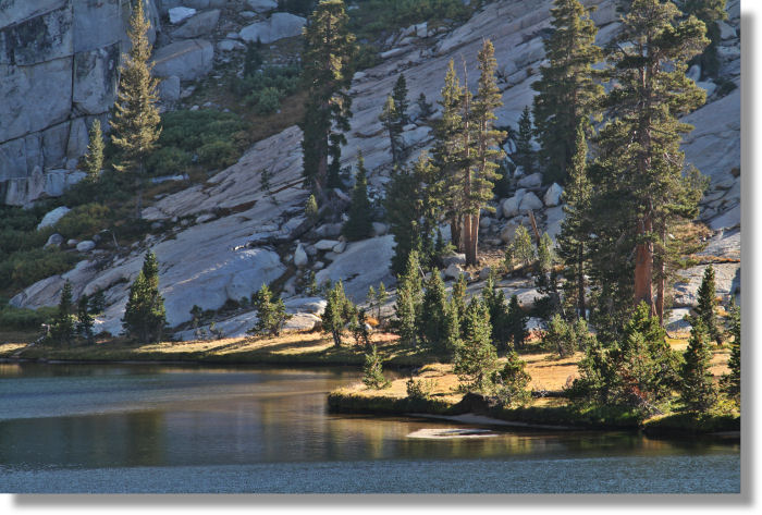 The western shore of Upper Cathedral Lake, Yosemite Park
