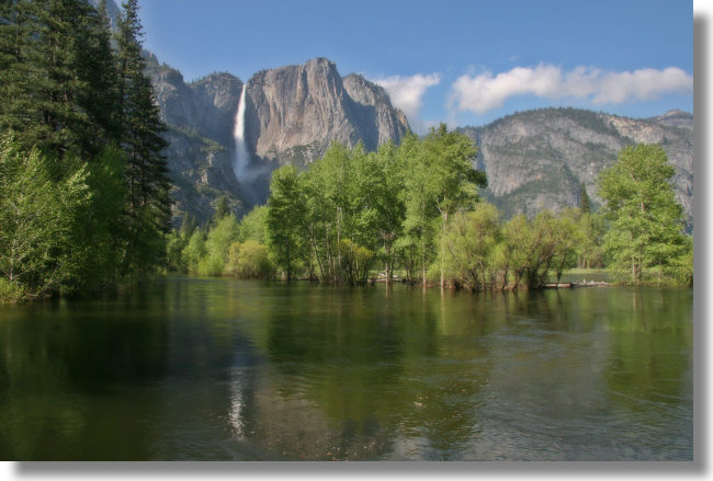 Yosemite Falls and the Merced River from the Swinging Bridge