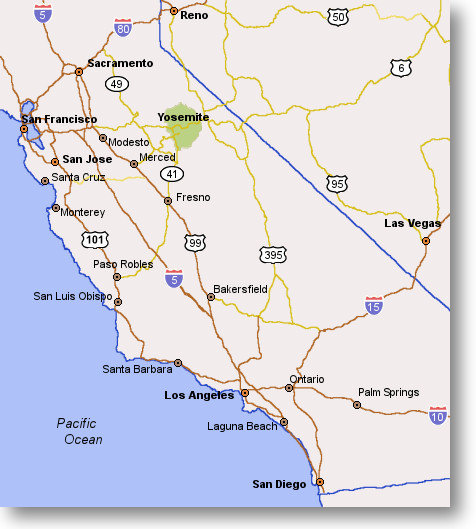 Getting to Yosemite. map of California