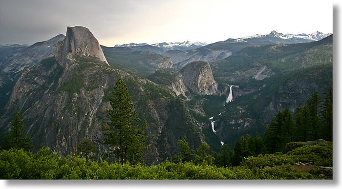 View of Half Dome and Mist Trail waterfalls from Glacier Point