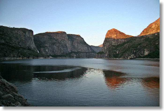 Hetch Hetchy Reservoir and Wapama Falls, facing east at sunset