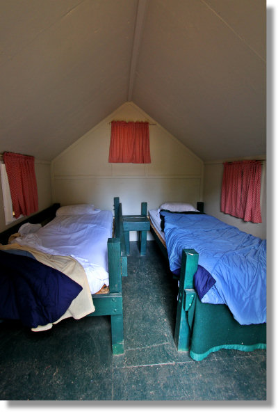 Interior view of an insulated tent cabin at the Yosemite Bug Resort, Midpines, California