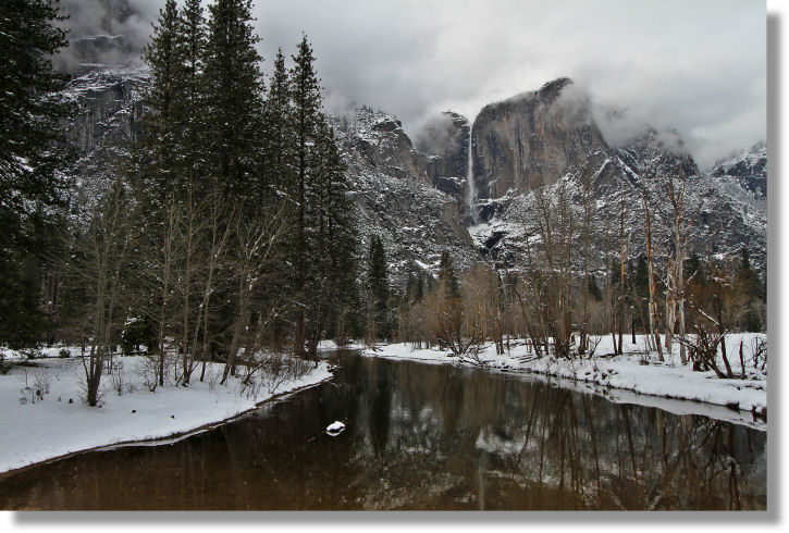 View from Yosemite Valley's Swinging Bridge in winter