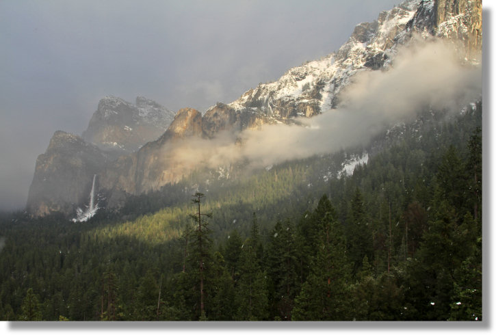 Bridalveil Fall during a snowstorm, seen from the Tunnel View