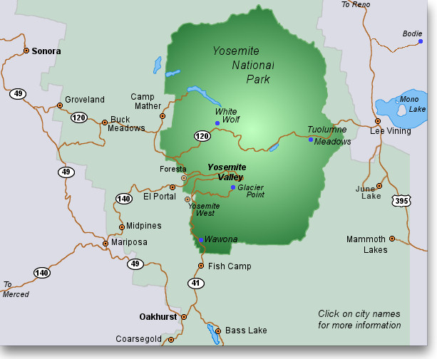 Yosemite Lodging Map including surrounding communities